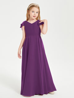 Delicate Chiffon Junior Bridesmaid Gown Flutter Sleeves V-neck Grape