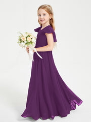 Delicate Chiffon Junior Bridesmaid Gown Flutter Sleeves V-neck Grape
