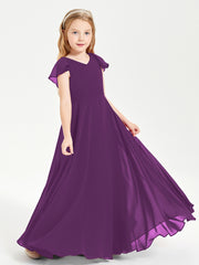 Delicate Chiffon Junior Bridesmaid Gown Flutter Sleeves V-neck Grape