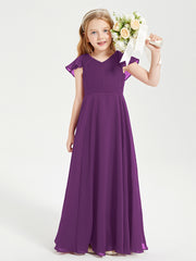 Delicate Chiffon Junior Bridesmaid Gown Flutter Sleeves V-neck Grape