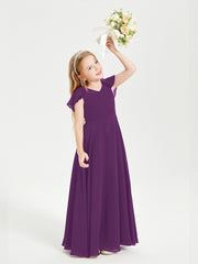 Delicate Chiffon Junior Bridesmaid Gown Flutter Sleeves V-neck Grape