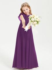 Delicate Chiffon Junior Bridesmaid Gown Flutter Sleeves V-neck Grape