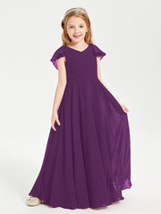 Delicate Chiffon Junior Bridesmaid Gown Flutter Sleeves V-neck Grape