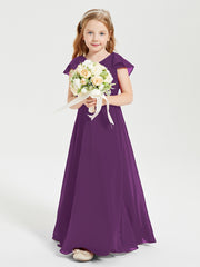 Delicate Chiffon Junior Bridesmaid Gown Flutter Sleeves V-neck Grape
