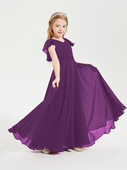 Delicate Chiffon Junior Bridesmaid Gown Flutter Sleeves V-neck Grape