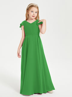 Delicate Chiffon Junior Bridesmaid Gown Flutter Sleeves V-neck Green