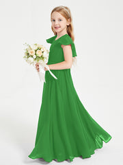 Delicate Chiffon Junior Bridesmaid Gown Flutter Sleeves V-neck Green