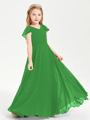 Delicate Chiffon Junior Bridesmaid Gown Flutter Sleeves V-neck Green