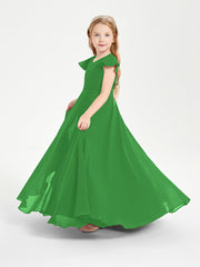 Delicate Chiffon Junior Bridesmaid Gown Flutter Sleeves V-neck Green