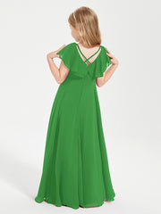 Delicate Chiffon Junior Bridesmaid Gown Flutter Sleeves V-neck Green