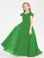 Delicate Chiffon Junior Bridesmaid Gown Flutter Sleeves V-neck Green