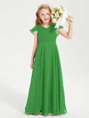 Delicate Chiffon Junior Bridesmaid Gown Flutter Sleeves V-neck Green