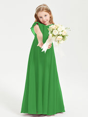 Delicate Chiffon Junior Bridesmaid Gown Flutter Sleeves V-neck Green