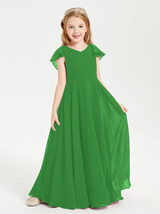 Delicate Chiffon Junior Bridesmaid Gown Flutter Sleeves V-neck Green