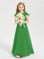 Delicate Chiffon Junior Bridesmaid Gown Flutter Sleeves V-neck Green
