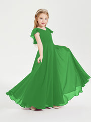 Delicate Chiffon Junior Bridesmaid Gown Flutter Sleeves V-neck Green