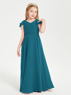 Delicate Chiffon Junior Bridesmaid Gown Flutter Sleeves V-neck Ink Blue