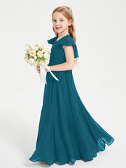 Delicate Chiffon Junior Bridesmaid Gown Flutter Sleeves V-neck Ink Blue