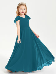Delicate Chiffon Junior Bridesmaid Gown Flutter Sleeves V-neck Ink Blue
