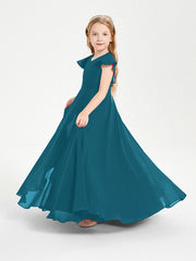 Delicate Chiffon Junior Bridesmaid Gown Flutter Sleeves V-neck Ink Blue