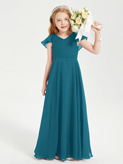 Delicate Chiffon Junior Bridesmaid Gown Flutter Sleeves V-neck Ink Blue