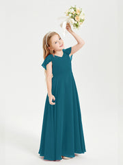 Delicate Chiffon Junior Bridesmaid Gown Flutter Sleeves V-neck Ink Blue