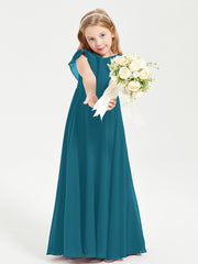 Delicate Chiffon Junior Bridesmaid Gown Flutter Sleeves V-neck Ink Blue