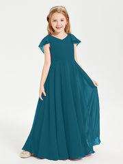 Delicate Chiffon Junior Bridesmaid Gown Flutter Sleeves V-neck Ink Blue