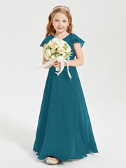 Delicate Chiffon Junior Bridesmaid Gown Flutter Sleeves V-neck Ink Blue
