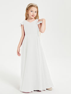 Delicate Chiffon Junior Bridesmaid Gown Flutter Sleeves V-neck Ivory