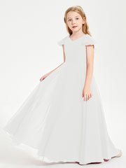 Delicate Chiffon Junior Bridesmaid Gown Flutter Sleeves V-neck Ivory