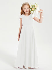 Delicate Chiffon Junior Bridesmaid Gown Flutter Sleeves V-neck Ivory