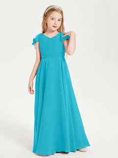 Delicate Chiffon Junior Bridesmaid Gown Flutter Sleeves V-neck Jade