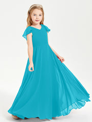Delicate Chiffon Junior Bridesmaid Gown Flutter Sleeves V-neck Jade