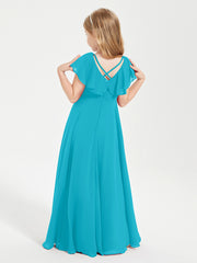 Delicate Chiffon Junior Bridesmaid Gown Flutter Sleeves V-neck Jade