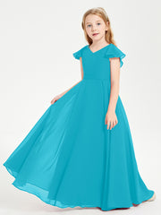 Delicate Chiffon Junior Bridesmaid Gown Flutter Sleeves V-neck Jade