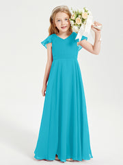 Delicate Chiffon Junior Bridesmaid Gown Flutter Sleeves V-neck Jade