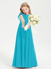 Delicate Chiffon Junior Bridesmaid Gown Flutter Sleeves V-neck Jade