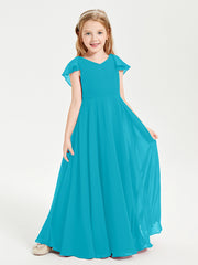 Delicate Chiffon Junior Bridesmaid Gown Flutter Sleeves V-neck Jade