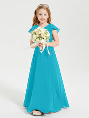 Delicate Chiffon Junior Bridesmaid Gown Flutter Sleeves V-neck Jade