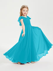 Delicate Chiffon Junior Bridesmaid Gown Flutter Sleeves V-neck Jade