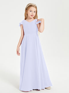 Delicate Chiffon Junior Bridesmaid Gown Flutter Sleeves V-neck Lavender