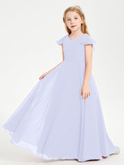 Delicate Chiffon Junior Bridesmaid Gown Flutter Sleeves V-neck Lavender