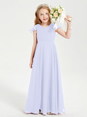 Delicate Chiffon Junior Bridesmaid Gown Flutter Sleeves V-neck Lavender