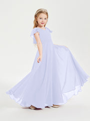 Delicate Chiffon Junior Bridesmaid Gown Flutter Sleeves V-neck Lavender