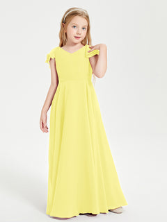 Delicate Chiffon Junior Bridesmaid Gown Flutter Sleeves V-neck Lemon