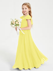 Delicate Chiffon Junior Bridesmaid Gown Flutter Sleeves V-neck Lemon