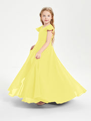 Delicate Chiffon Junior Bridesmaid Gown Flutter Sleeves V-neck Lemon