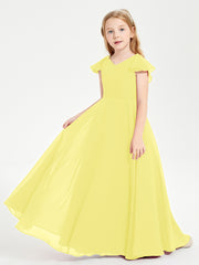 Delicate Chiffon Junior Bridesmaid Gown Flutter Sleeves V-neck Lemon