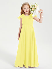 Delicate Chiffon Junior Bridesmaid Gown Flutter Sleeves V-neck Lemon